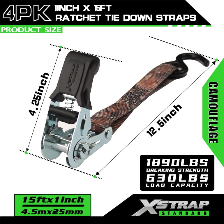 XSTRAP STANDARD Ratchet Tie Down Straps - 4 Pk - 1'' x 15 Ft - 630 Lbs Load Cap 1890 Lbs Break Strength-Cargo Straps for Moving Appliances, Lawn Equipment, Trucks, Motorcycle, Metal Hooks (Camouflage) - Image 5